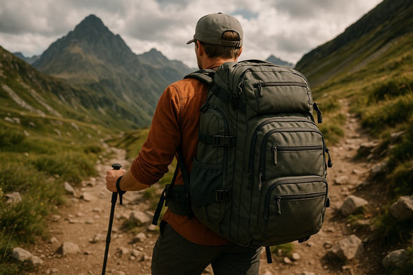 Person hiking along rocky trail through green mountain landscape with dog by their side, backpack strapped on