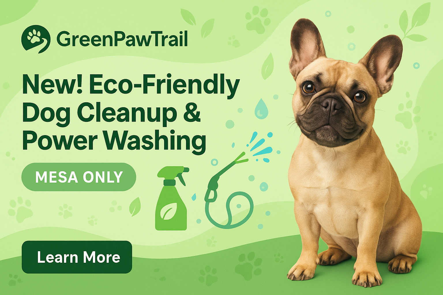 Homepage banner for GreenPawTrail with customized French Bulldog pose and integrated call-to-action button for eco-friendly services
